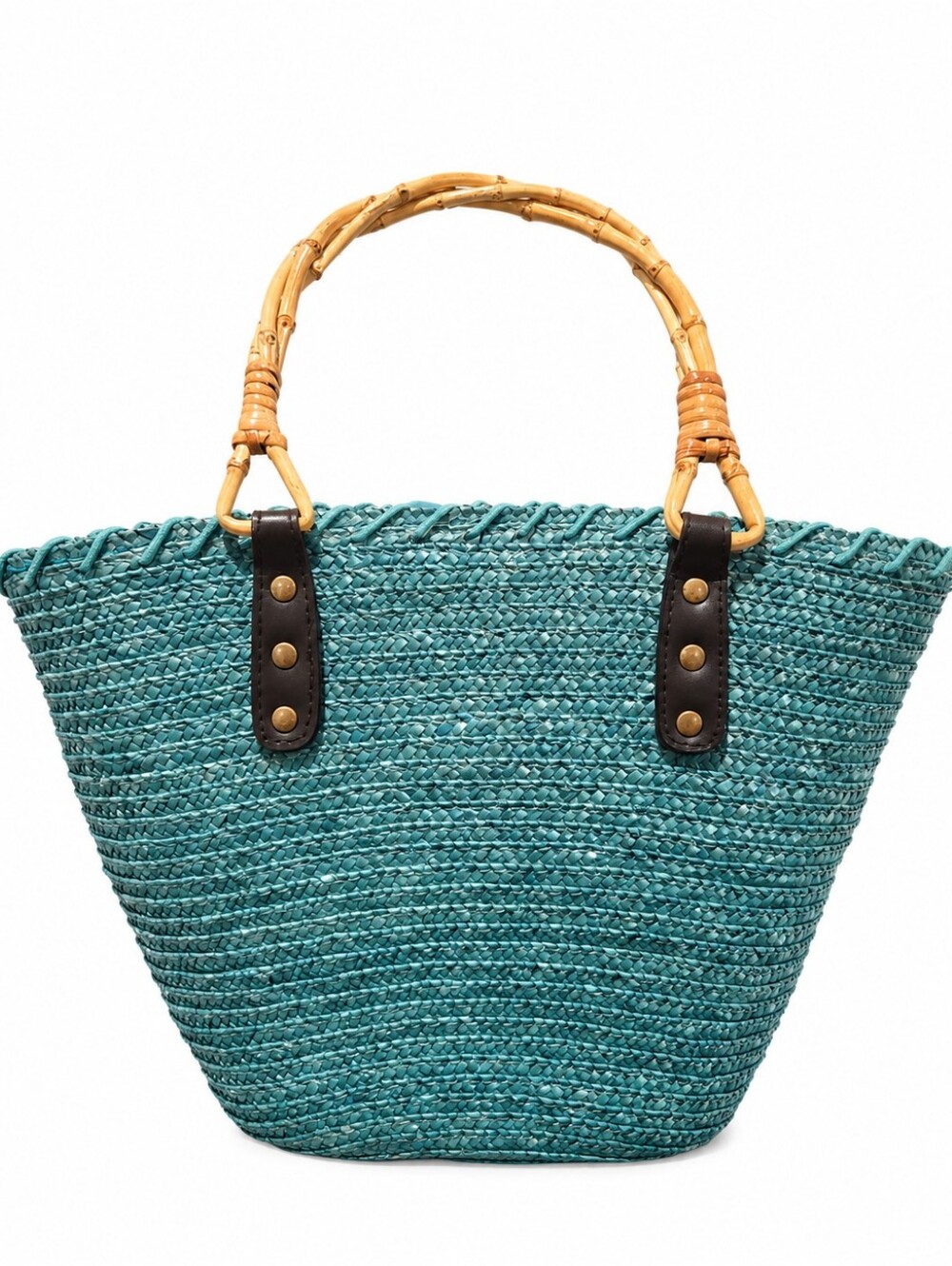 Magid Aqua Straw Tote Bamboo Handle Beach Bag NWT Coastal Resort Chic